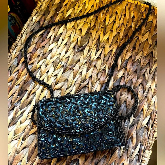 Vintage small beaded black evening bag immaculate long beaded strap Y2K 90s - Picture 1 of 5